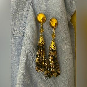 Vintage gold tone beaded tassel earrings. 3”beads. Post earrings.